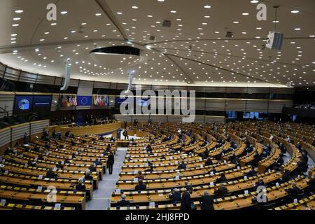 Bruxelles, Belgique.27th janvier 2022.Vue d'ensemble d'une session plénière spéciale pour marquer le jour commémoratif de l'Holocauste, au Parlement européen à Bruxelles, Belgique, le 27 janvier 2022.Crédit: ALEXANDROS MICHAILIDIS/Alamy Live News Banque D'Images