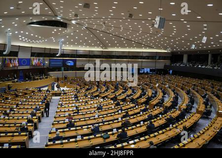 Bruxelles, Belgique.27th janvier 2022.Vue d'ensemble d'une session plénière spéciale pour marquer le jour commémoratif de l'Holocauste, au Parlement européen à Bruxelles, Belgique, le 27 janvier 2022.Crédit: ALEXANDROS MICHAILIDIS/Alamy Live News Banque D'Images