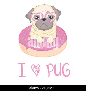 Mignon pug dans des verres et visage heureux sur donut rose, vecteur de chien, illustration. Illustration de Vecteur