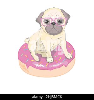 Mignon pug dans des verres et visage heureux sur donut rose, vecteur de chien, illustration. Illustration de Vecteur