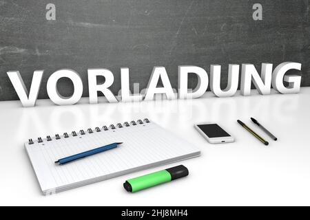 Vorladung - mot allemand pour bref d'assignation ou d'assignation - concept de texte avec tableau noir, bloc-notes, stylos et téléphone portable.3D rendu de l'illustration. Banque D'Images