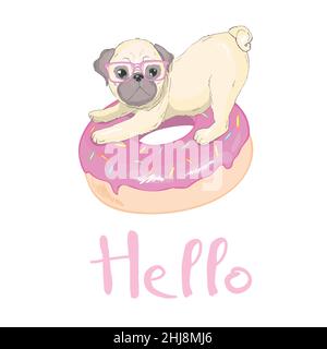 Mignon pug dans des verres et visage heureux sur donut rose, vecteur de chien, illustration. Illustration de Vecteur