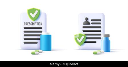 3d prescription rx avec des pilules et des médicaments.Formulaire papier du médecin, diagnostic, liste médicale avec médicaments.Le concept de prescription d'une dose de pilules Illustration de Vecteur