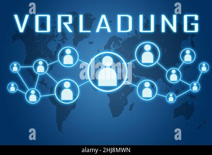 Vorladung - mot allemand pour le bref d'assignation ou d'assignation - concept de texte sur fond bleu avec carte du monde et icônes sociales. Banque D'Images