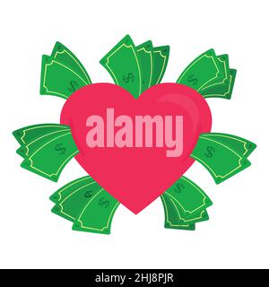 Forme de coeur avec des factures d'argent autour.Cœur avec de l'argent autour.L'argent sort du cœur. Conceptuel.Arrière-plan blanc.Isolé. Illustration de Vecteur
