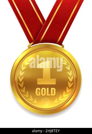 Trophée première place.Médaille d'or sur ruban rouge Illustration de Vecteur