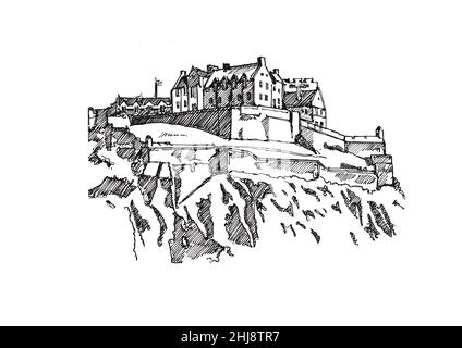 Croquis du château d'Édimbourg sur fond blanc. Banque D'Images