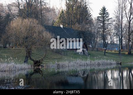 Ancienne maison en bois au bord de la forêt près du lac au printemps.Village de pêcheurs.Extérieur traditionnel de style soviétique ou russe Banque D'Images