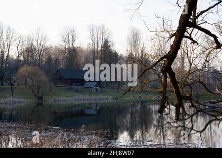 Ancienne maison en bois au bord de la forêt près du lac au printemps.Village de pêcheurs.Extérieur traditionnel de style soviétique ou russe Banque D'Images