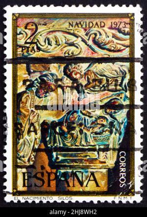 ESPAGNE - VERS 1973: Un timbre imprimé en Espagne montre Nativité, capitale de la colonne de l'église de Silos, Noël, vers 1973 Banque D'Images