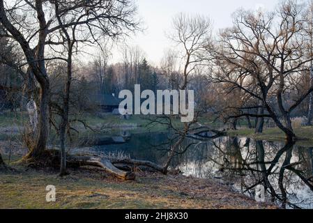 Ancienne maison en bois au bord de la forêt près du lac au printemps.Village de pêcheurs.Extérieur traditionnel de style soviétique ou russe Banque D'Images