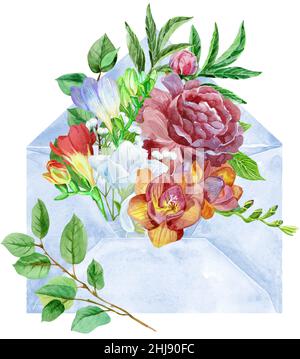 Aquarelle Illustration dessinée à la main d'une enveloppe avec des fleurs sur un fond blanc isolé Banque D'Images