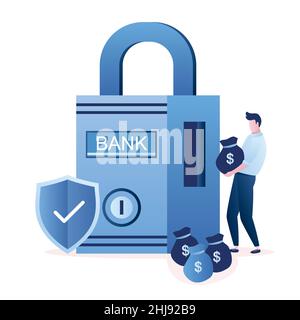 Cadenas avec inscription bancaire, protection et homme d'affaires avec sacs d'argent.Concept de coffre-fort, personnage masculin dans un style tendance.Vecteur illust Illustration de Vecteur