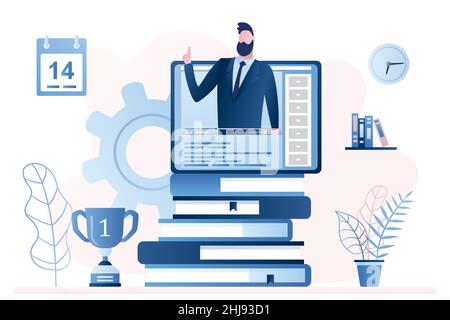 Formation en ligne ou en entreprise.Pile de livres et tablette pc avec vidéo cours.homme d'affaires enseignant.Illustration vectorielle tendance Illustration de Vecteur