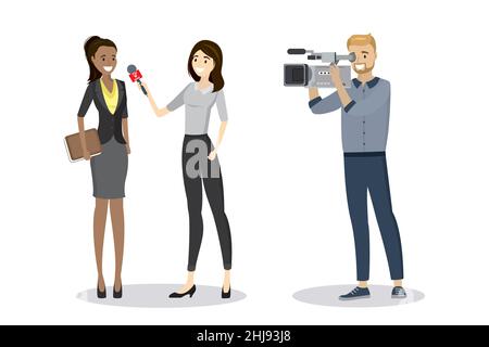 Belle femme journaliste avec microphone interviews femme d'affaires afro-américaine et caméraman tourne la vidéo, isolé sur fond blanc.Dessin animé c Illustration de Vecteur