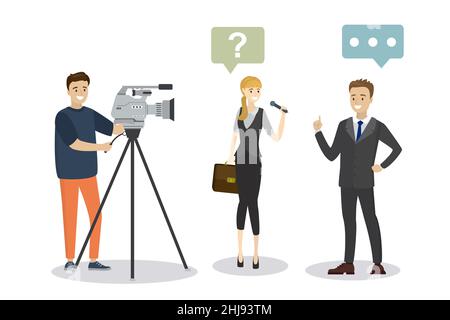 Belle femme journaliste avec microphone interviews homme d'affaires européen.Un opérateur masculin de handsome tourne de la vidéo.Cartoon personnes isolées sur fond blanc Illustration de Vecteur