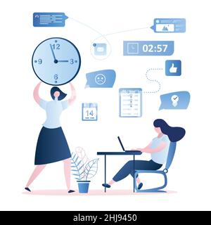 Gestion du temps et concept d'échéance, jeune fille employé sur le lieu de travail et femme d'affaires patron avec grande montre, femmes personnages et enseignes d'affaires dans le mode Illustration de Vecteur