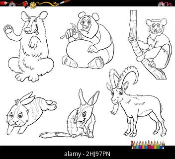 Dessin animé noir et blanc illustration de drôle animaux caractères ensemble coloriage livre page Illustration de Vecteur