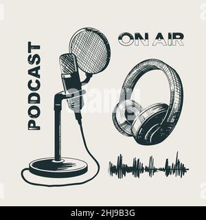 Casque studio, microphone sur support et onde sonore.Éléments d'esquisse isolés vectoriels pour la conception de podcasts. Illustration de Vecteur