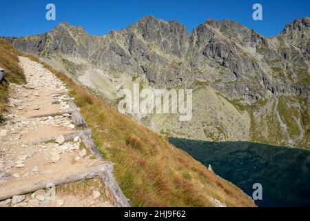 Vue sur le sentier de randonnée sur le pic de Koprovsky dans la vallée d'Hincova.Montagnes Slovaques du Haut Tatra. Banque D'Images