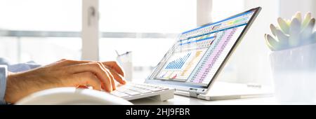 Analyste de feuille de calcul électronique ou auditeur utilisant le logiciel sur un ordinateur portable hybride Banque D'Images