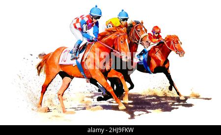 Trois chevaux de course en compétition. Hippodrome. Piste de course. Equestrian. Derby. Sport de cheval. Illustration de peinture aquarelle isolée sur Banque D'Images