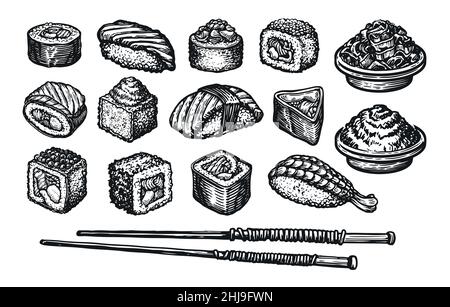 Ensemble sushi et petits pains.Esquisse de la cuisine japonaise.Illustration vectorielle dessinée à la main Illustration de Vecteur