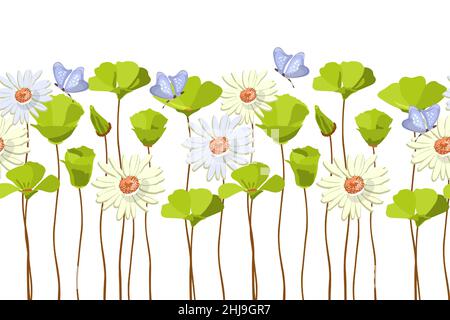 Motif fleuri vectoriel sans couture, bordure.Design panoramique horizontal avec marguerites et papillons. Illustration de Vecteur