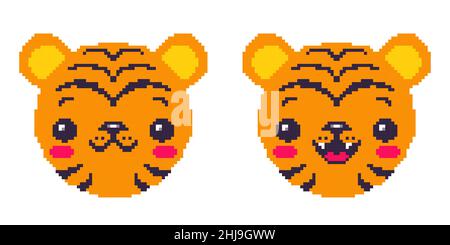 Emblème vectoriel pour la nouvelle année 2022 avec tête d'un tigre en style pixel.Icônes vectorielles de kawaii pixel tigre pendant 2022 ans.Tiger emoji pour chinois nouveau Illustration de Vecteur