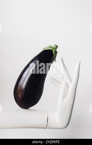 aubergine modélisée par une main de mannequin blanche Banque D'Images