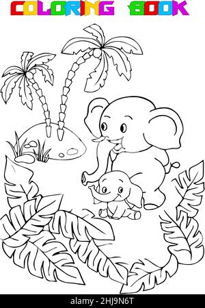 Illustration vectorielle avec des éléphants de dessin humoristique et des feuilles de palmier en noir et blanc.L'illustration peut être utilisée comme page à colorier. Illustration de Vecteur