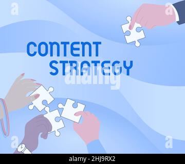 Stratégie d'affichage du contenu de l'affiche.Concept signification importante approche marketing distribuée pour attirer l'acheteur Illustration des mains tenant Jigsaw Banque D'Images