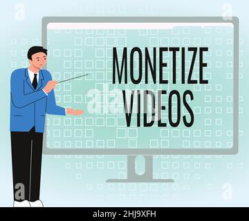 Légende conceptuelle monétiser les vidéos.Mot pour le processus de gagner de l'argent de vos vidéos YouTube téléchargées homme d'affaires debout présentant des graphiques Banque D'Images