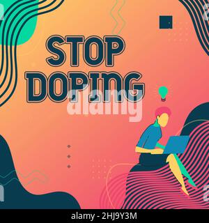 Légende de la présentation de Stop dopage.Vitrine d'affaires cesser l'utilisation de drogues interdites d'amélioration de performance athlétique femme assis avec un ordinateur portable activement Banque D'Images