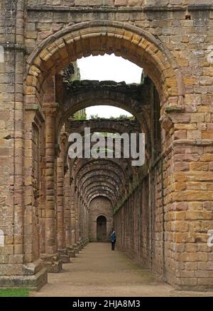 Une seule figure naine par les grandes arches en pierre sans toit de la nef à Fountains Abbey, Yorkshire England, Royaume-Uni Banque D'Images