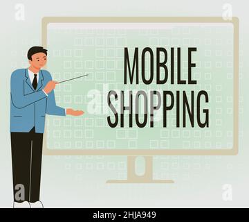 Légende conceptuelle Mobile Shopping.Commerce de concept Internet de biens et de services par le biais de dispositifs sans fil homme d'affaires debout présentant des graphiques Banque D'Images