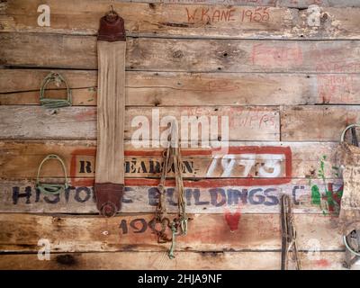 Vue de l'intérieur du hangar de tonte des moutons à la colonie abandonnée en 1992 sur l'île Keppel, dans les Malouines. Banque D'Images