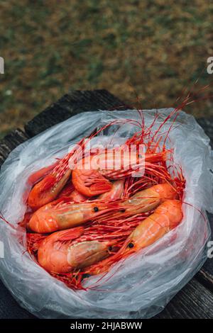 préparer des crevettes fraîches à l'extérieur pendant le camping Banque D'Images