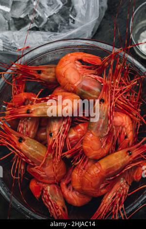 préparer des crevettes fraîches à l'extérieur pendant le camping Banque D'Images