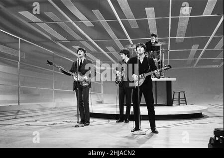 John Lennon Paul McCartney George Harrison et Ringo Starr ont répété leur apparition sur le spectacle Ed Sullivan.février 1964. Banque D'Images