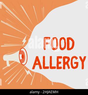 Légende conceptuelle allergie alimentaire.Mot pour une réponse anormale du système immunitaire à l'allergène après avoir mangé Megaphone dessin faire une nouvelle annonce forte à Banque D'Images