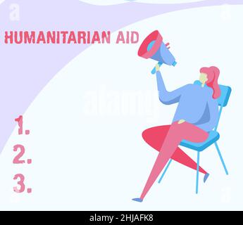 Affiche l'aide humanitaire.Mot pour l'aide immédiate fournie après la catastrophe naturelle et humaine femme dessin tenant Megaphone assis sur Banque D'Images