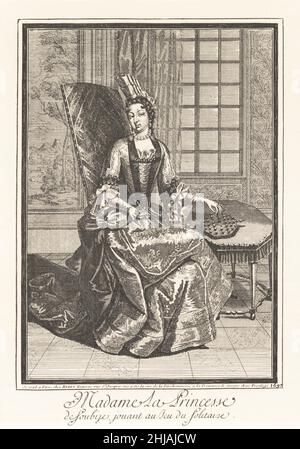 Anne de Rohan-Chabot jouant le jeu de solitaire, 1697.La princesse Soubise, 1648-1709, fut maîtresse du roi Louis XIVMadame la Princesse de Soubize, jouant au jeu du Solitaire.Lithographie d’après une gravure publiée par Claude Auguste Berey de Henry Rene d’Allemagne’s recrécations et passe-temps, Jeux et passe-temps, Hachette, Paris, 1906. Banque D'Images