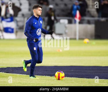 Columbus, Ohio, États-Unis.27th janvier 2022.Les États-Unis en avant Christian Pulisic se réchauffe avant de faire face à El Salvador à Columbus, Ohio, États-Unis.Crédit : Brent Clark/Alay Live News Banque D'Images