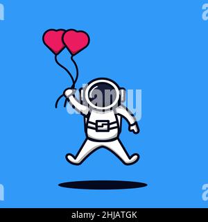 Illustration vectorielle de l'astronaute volant avec ballon amour .design plat, illustration de la Saint-Valentin Illustration de Vecteur