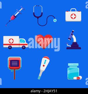 un ensemble d'illustrations vectorielles d'icônes médicales avec des outils assortis Illustration de Vecteur