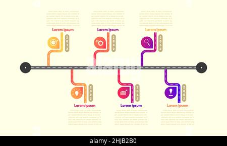 les éléments de la ligne de temps de la carte de métro avec graphique de point de repère pensent les icônes de cible d'engrenage de recherche. illustration vectorielle eps10 Illustration de Vecteur