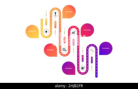 les éléments de la ligne de temps de la feuille de route de la voie de biseau verticale avec le graphique de point de repère pensent les icônes de cible d'engrenage de recherche. illustration vectorielle eps10 Illustration de Vecteur