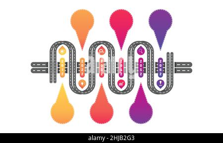 les éléments de la ligne de temps de la route transversale du tunnel en zigzag lisse avec le graphique de point de repère pensent les icônes de cible d'engrenage de recherche. illustration vectorielle eps10 Illustration de Vecteur