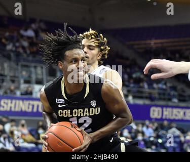 Seattle, WA, États-Unis.27th janvier 2022.Le garde du Colorado Jabari Walker lors du match de basket-ball NCAA entre les Colorado Buffaloes et les Washington Huskies au pavillon HEC Edmundson à Seattle, WA.Washington défait le Colorado 60-58.Steve Faber/CSM/Alamy Live News Banque D'Images